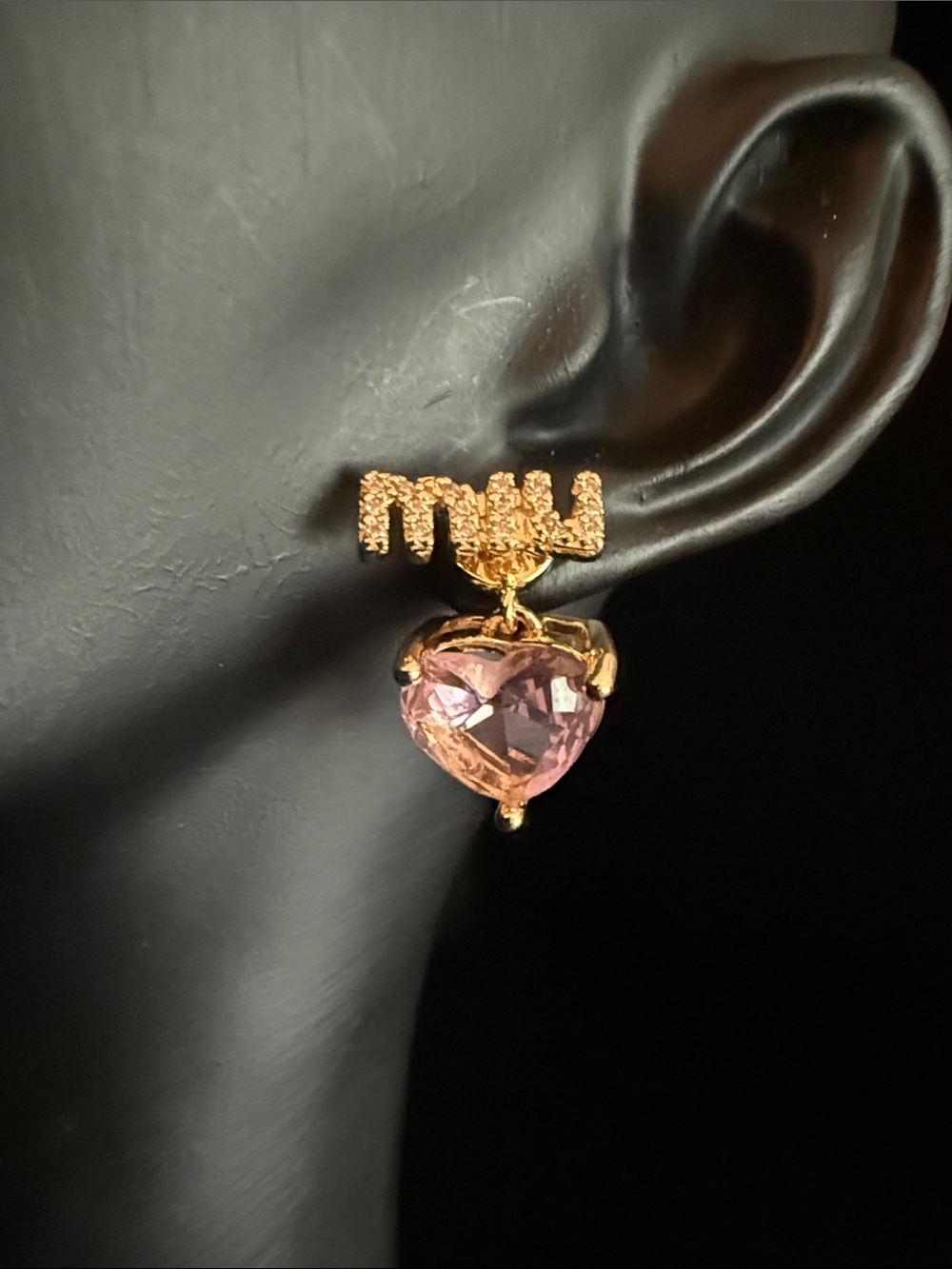 Gold-Tone Drop Earrings with Pink Heart Crystal Charm